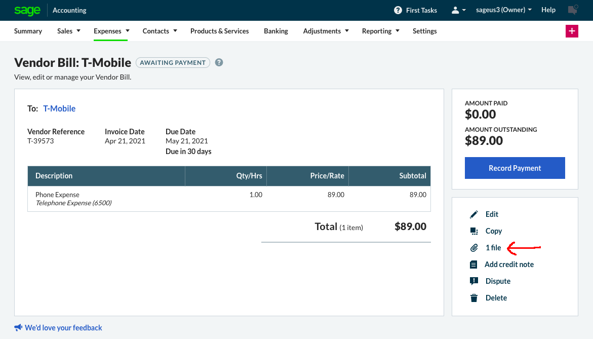 File attached to Sage Accounting Bill