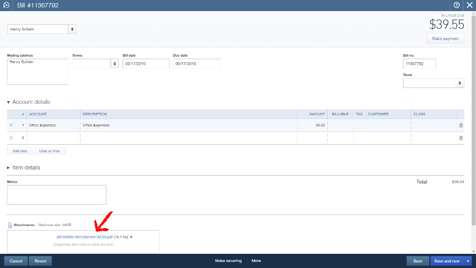 Attach scanned files to QuickBooks Online bills