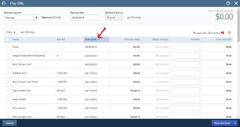 Sort bills by due date in QuickBooks Online